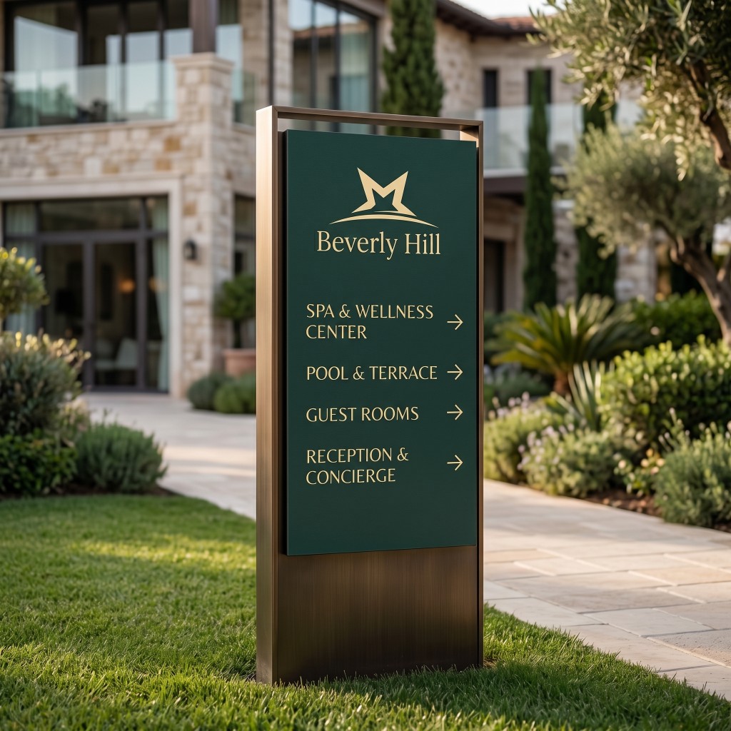 Hiltara Resort outdoor wayfinding sign: directions to spa, pool, guest rooms, and reception